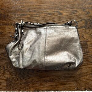 Coach silver metallic long strap zippered purse